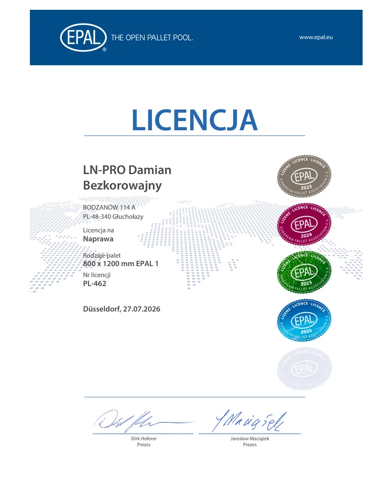 Licencja EPAL nr PL-462 wystawiona dla LN-PRO Damian Bezkorowajny na naprawę europalet 800 × 1200 mm